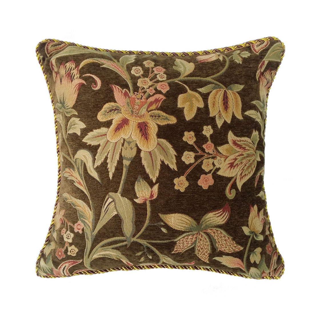 HKM-815379 Dark Brown Floral Design Cotton Pillowcase, 45x45cm Chenille Cushion Cover