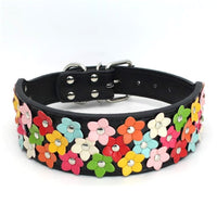 HKM-8156477 Three Rows of Flowers PU Large Dog Collar in Multiple Colors