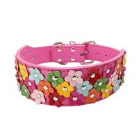 HKM-8156477 Three Rows of Flowers PU Large Dog Collar in Multiple Colors