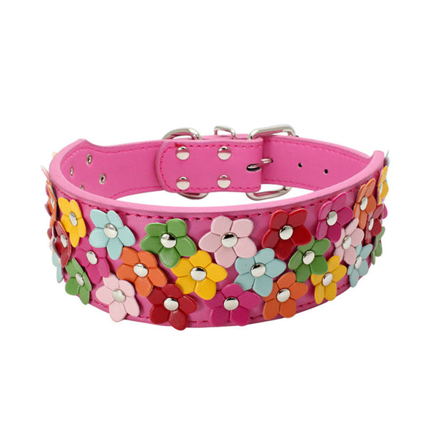 HKM-8156477 Three Rows of Flowers PU Large Dog Collar in Multiple Colors