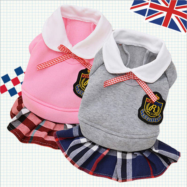 HKM-8156861 Pink and Gray Cotton School Uniform Skirt for Small Dogs