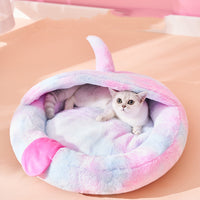 HKM-8158525 Cozy Plush Enclosed Cat Bed for Warm Winter Sleep - Simple Stylish Design, Unicorn Claw Features, Pink & Blue
