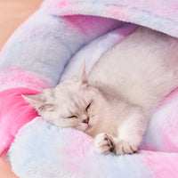HKM-8158525 Cozy Plush Enclosed Cat Bed for Warm Winter Sleep - Simple Stylish Design, Unicorn Claw Features, Pink & Blue
