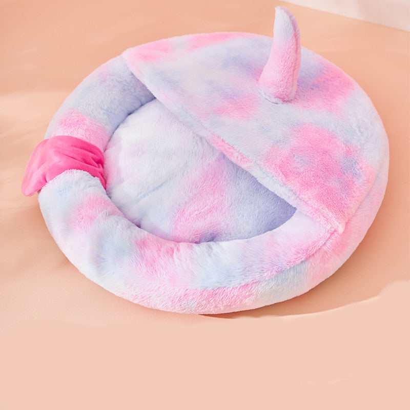 HKM-8158525 Cozy Plush Enclosed Cat Bed for Warm Winter Sleep - Simple Stylish Design, Unicorn Claw Features, Pink & Blue