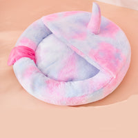 HKM-8158525 Cozy Plush Enclosed Cat Bed for Warm Winter Sleep - Simple Stylish Design, Unicorn Claw Features, Pink & Blue