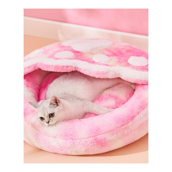 HKM-8158525 Cozy Plush Enclosed Cat Bed for Warm Winter Sleep - Simple Stylish Design, Unicorn Claw Features, Pink & Blue