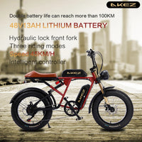 HKM-816019 High-Performance 48V 1500W Fat Tire Electric Bike with 36Ah Removable Battery and 7-Speed Gears