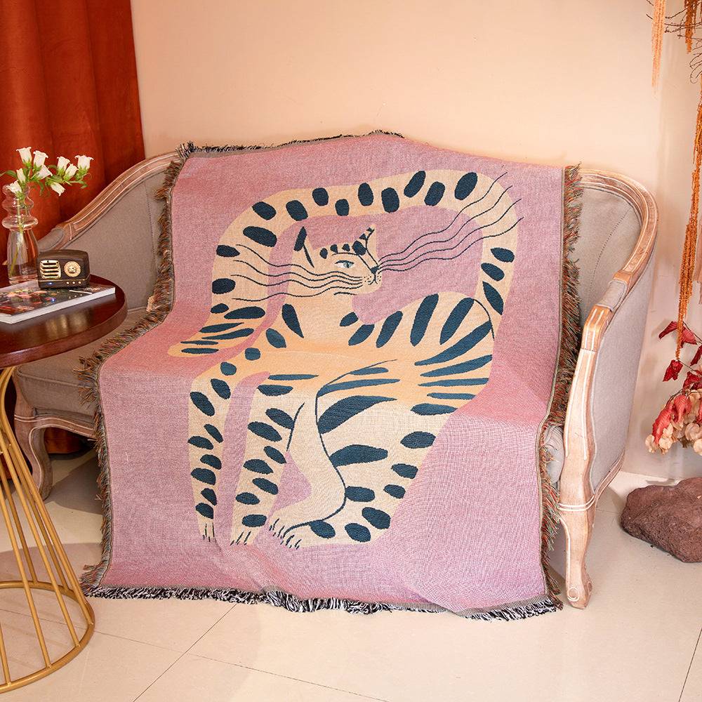 HKM-816019 Pink Cat Chenille Camping Rug - Cartoon Anime Design, 130x160cm Cotton, All-Season Use