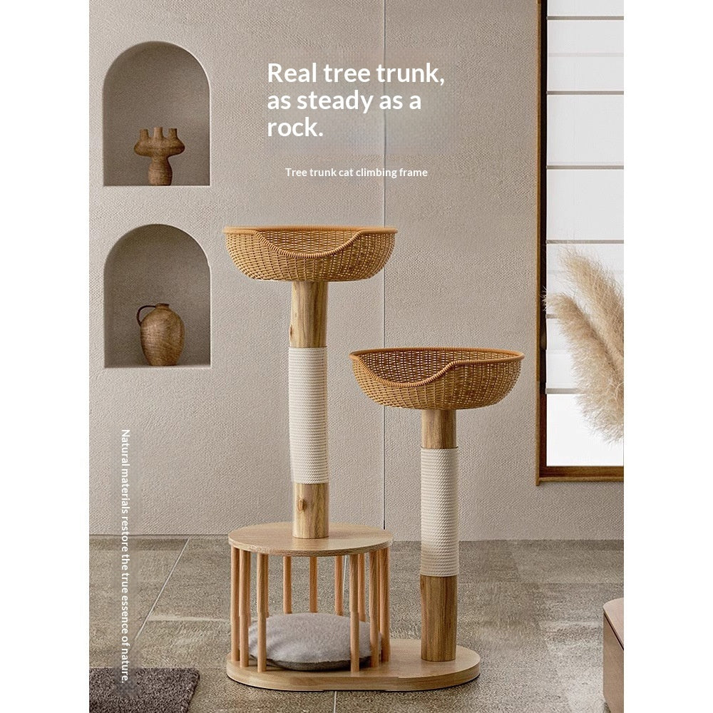 HKM-8163517 Solid Wood Cat Climbing Frame with Sisal-Covered Tree Trunk and Cat Bed
