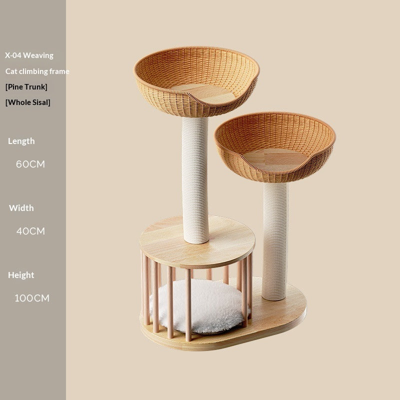 HKM-8163517 Solid Wood Cat Climbing Frame with Sisal-Covered Tree Trunk and Cat Bed