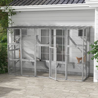 HKM-8170045 Gray Outdoor Cat Enclosure Window Box with Shelves, Bridges, and Ramps for Multiple Cats