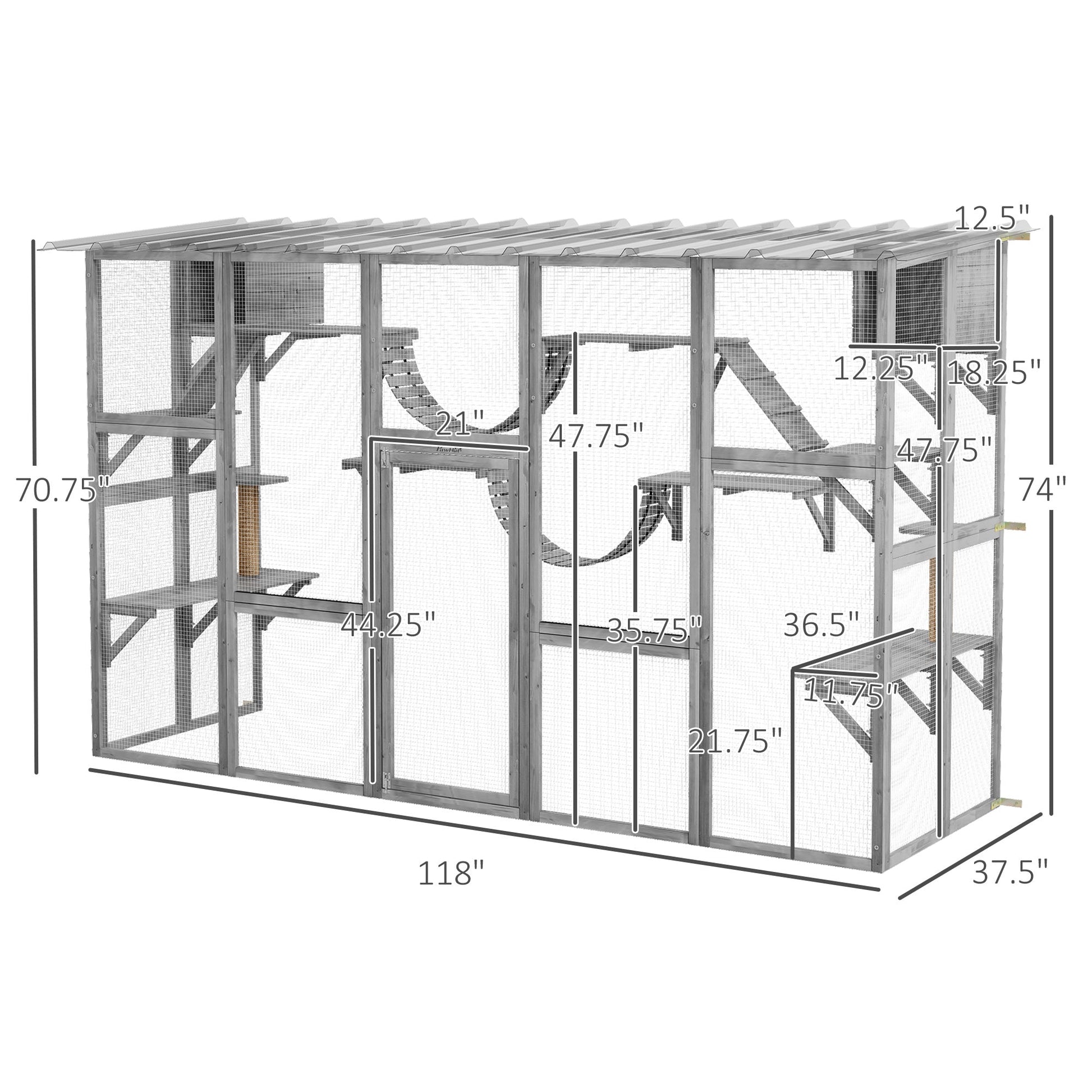 HKM-8170045 Gray Outdoor Cat Enclosure Window Box with Shelves, Bridges, and Ramps for Multiple Cats