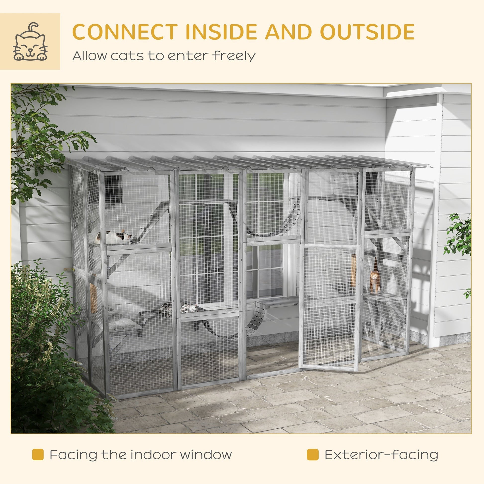 HKM-8170045 Gray Outdoor Cat Enclosure Window Box with Shelves, Bridges, and Ramps for Multiple Cats