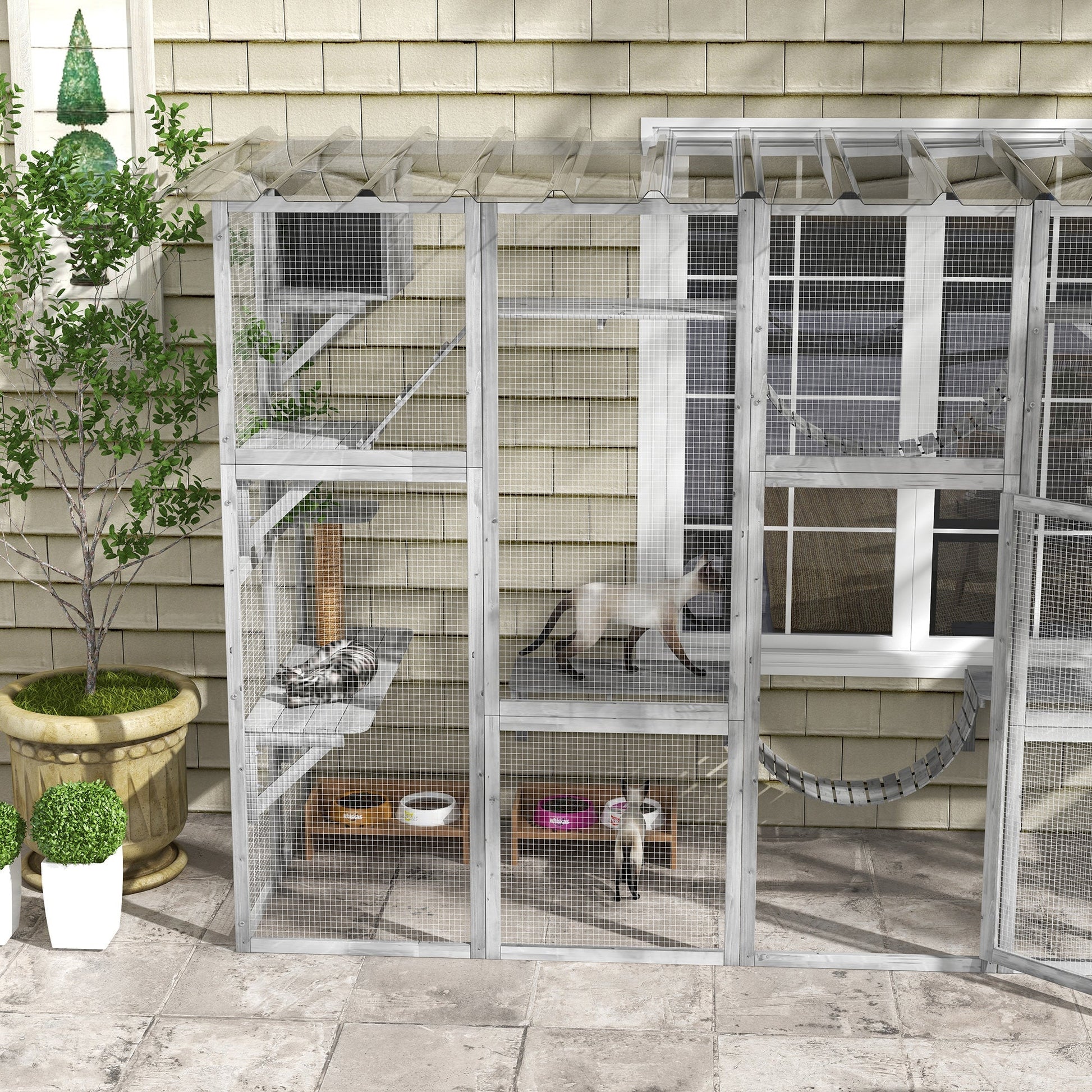 HKM-8170045 Gray Outdoor Cat Enclosure Window Box with Shelves, Bridges, and Ramps for Multiple Cats