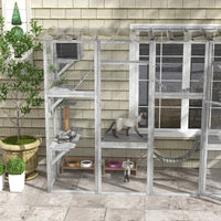 HKM-8170045 Gray Outdoor Cat Enclosure Window Box with Shelves, Bridges, and Ramps for Multiple Cats