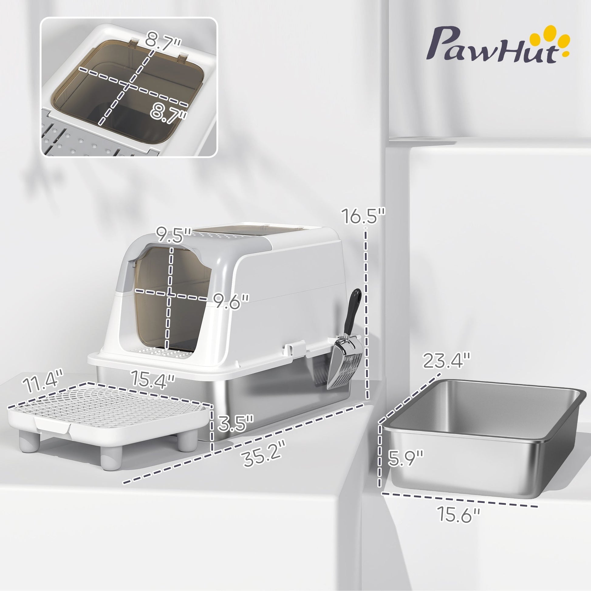 HKM-8171453 Enclosed Extra Large Stainless Steel Cat Litter Box with Scoop and Deodorizer