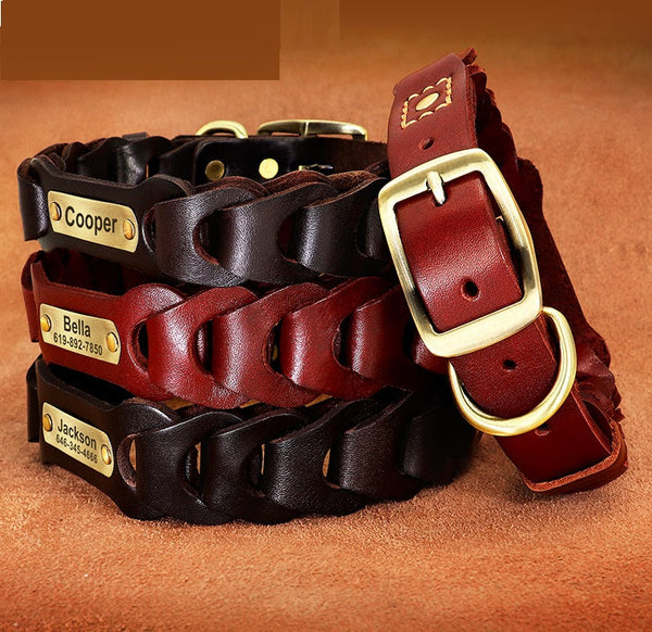 HKM-8171837 Braided Leather Dog Collar for Medium to Large Dogs - Dark Brown & Vermilion Cowhide Design
