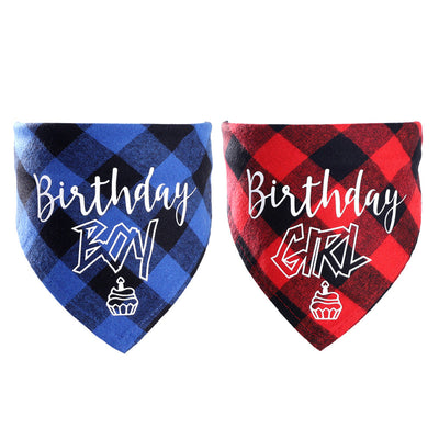 HKM-8173373 Pet Birthday Triangle Scarf Cotton Plaid for Dogs and Cats, Neck Size 20-42cm, Red and Blue