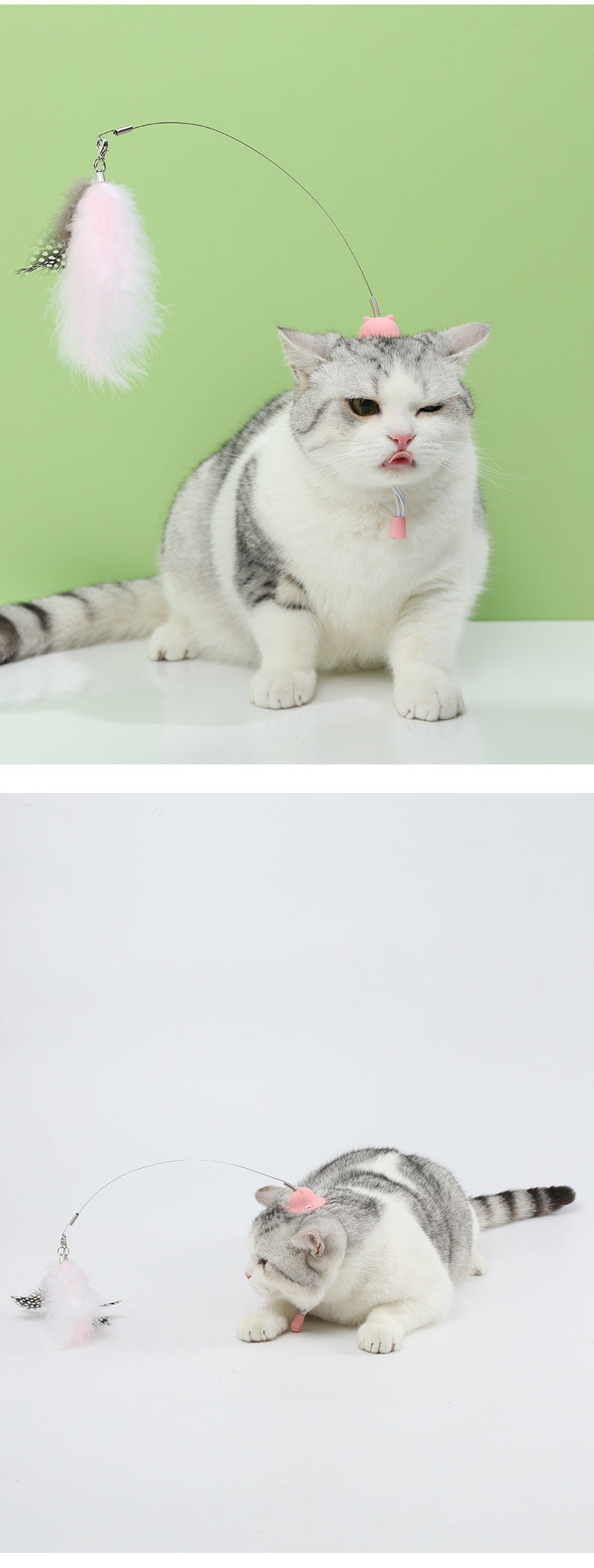 HKM-8176573 Cat Teaser Toy with Head-Mounted Feathers - Pink Silicone and Elastic String