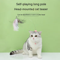 HKM-8176573 Cat Teaser Toy with Head-Mounted Feathers - Pink Silicone and Elastic String
