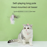 HKM-8176573 Cat Teaser Toy with Head-Mounted Feathers - Pink Silicone and Elastic String
