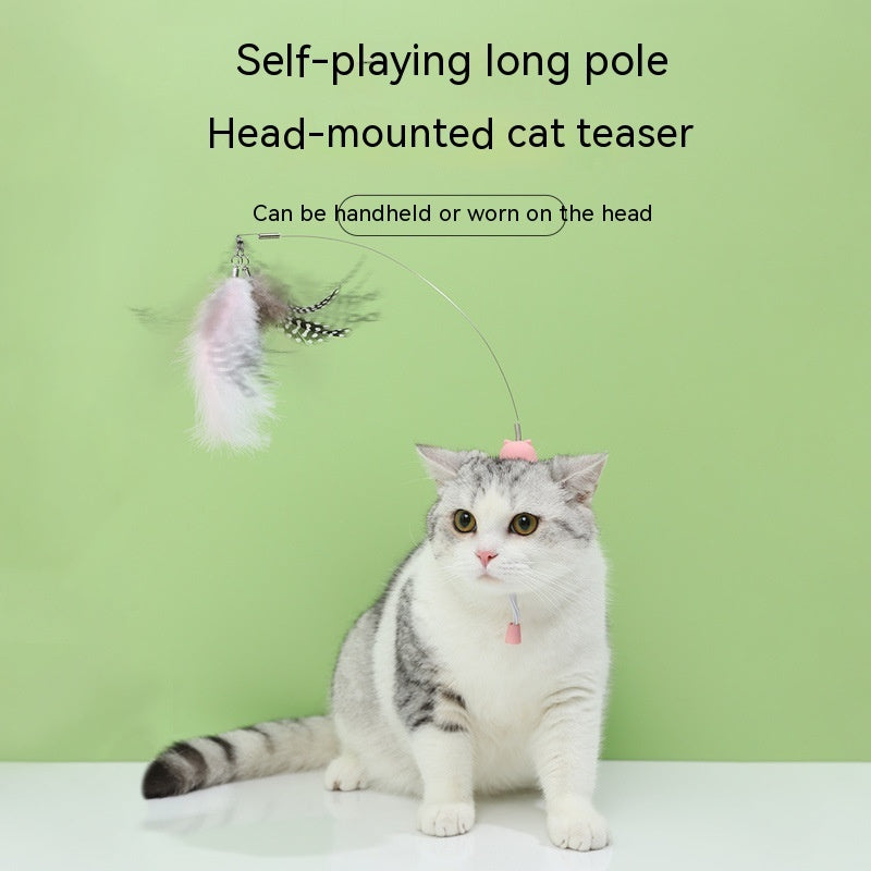 HKM-8176573 Cat Teaser Toy with Head-Mounted Feathers - Pink Silicone and Elastic String