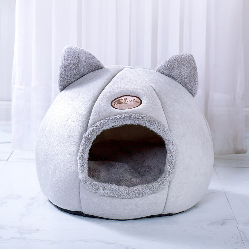 HKM-8179773 Cozy Cat Ear Nest Bed for Small Dogs and Cats - Cold-Proof Design for All Seasons