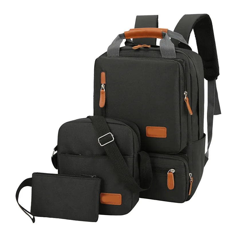 HKM-818067 Men’s Three-Piece Casual Backpack for Outdoor Travel and School, Large Capacity with Zipper Closure and Durable Polyester