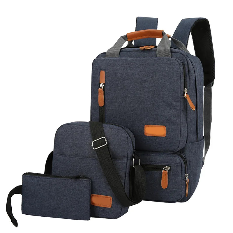 HKM-818067 Men’s Three-Piece Casual Backpack for Outdoor Travel and School, Large Capacity with Zipper Closure and Durable Polyester