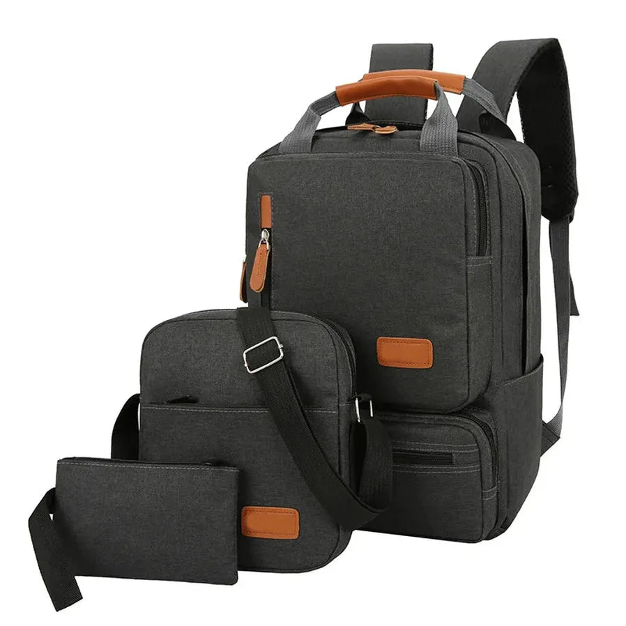 HKM-818067 Men’s Three-Piece Casual Backpack for Outdoor Travel and School, Large Capacity with Zipper Closure and Durable Polyester