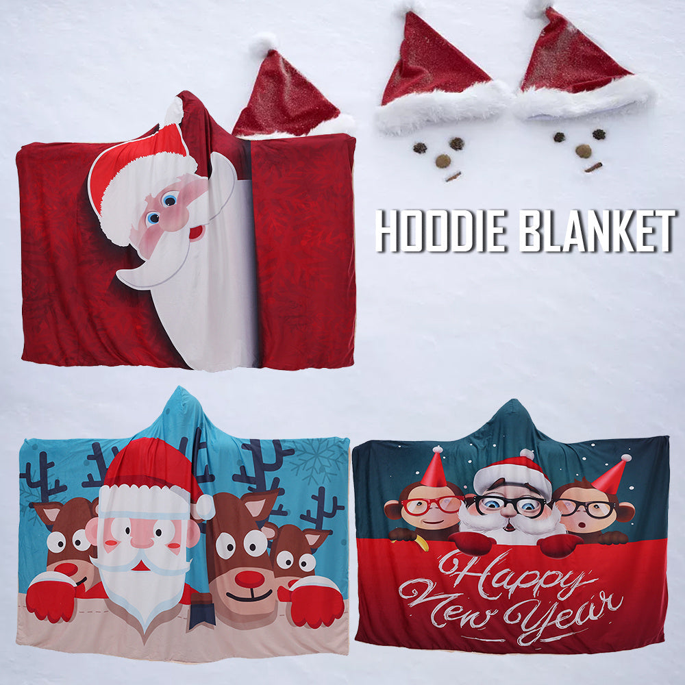 HKM-818323 3D Christmas Digital Printed Plush Blanket with Hat - Soft White Shu Cotton Velvet and Arctic Velvet