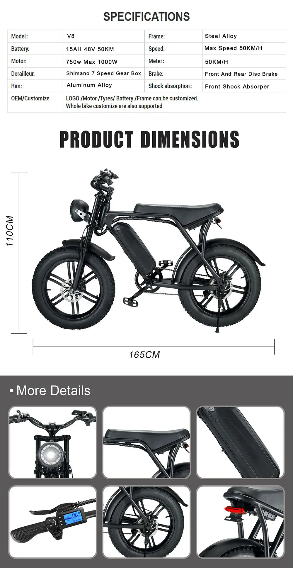 HKM-818323 750W/1000W 48V 15Ah Rear Hub Motor Electric Bicycle with 20 Inch Fat Tires and 7-Speed Gears