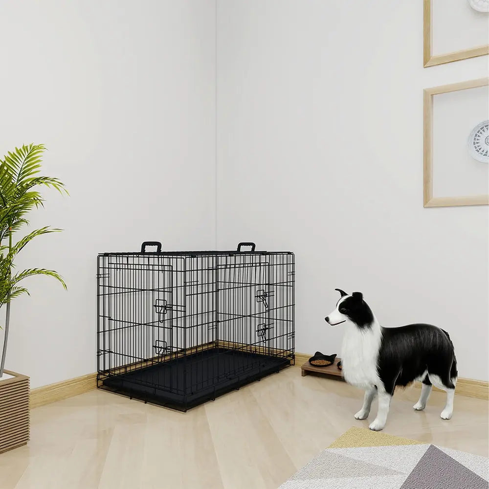 HKM-8185149 36-Inch Black Wire Dog Cage with Double Lock Mechanism and Two Doors for Enhanced Security