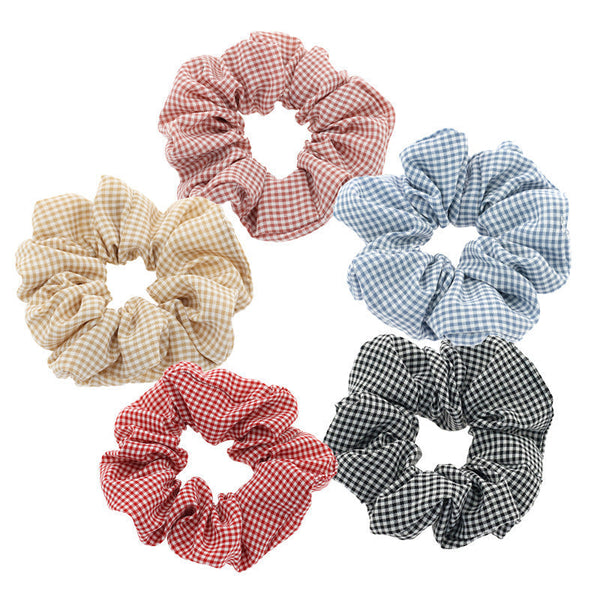 HKM-818579 Checked Fabric Pig Intestine Hairband with Elastic Rubber Band