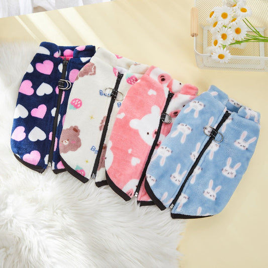 HKM-8185917 Cozy Flannel Plus Velvet Pet Vest with Zipper in Multiple Colors and Sizes