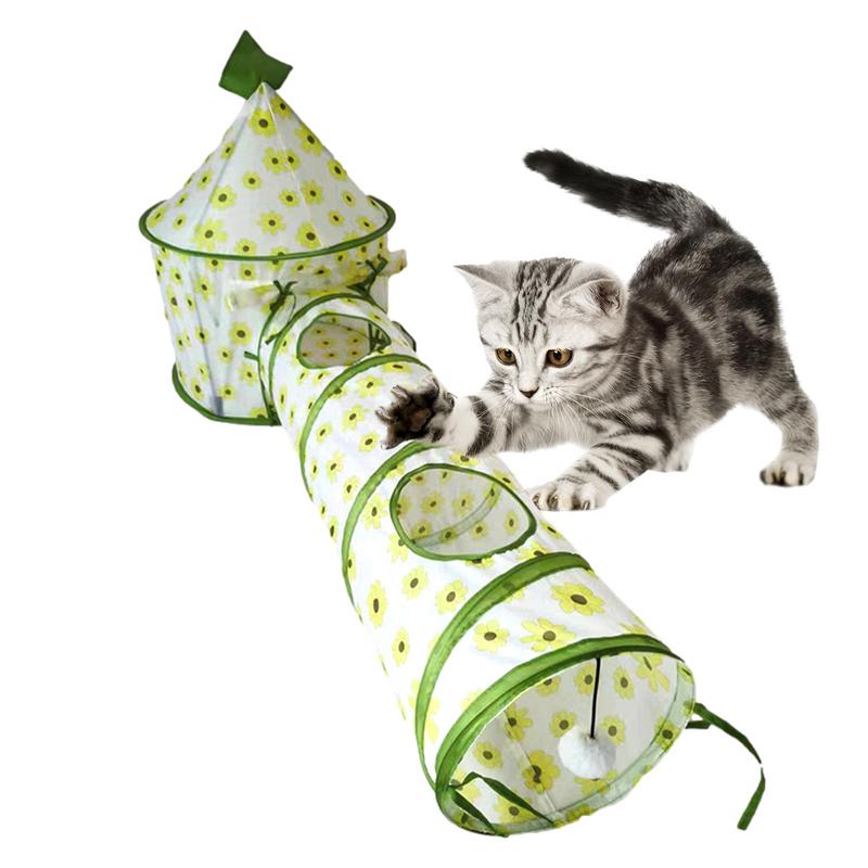HKM-8186557 Interactive Foldable Cat Tunnel Tent with Removable Tunnels and Plush Ball for Engaging Indoor Play
