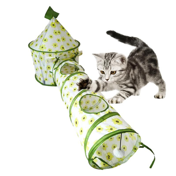 HKM-8186557 Interactive Foldable Cat Tunnel Tent with Removable Tunnels and Plush Ball for Engaging Indoor Play