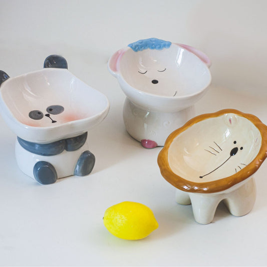 HKM-819027 Cute Cartoon Ceramic Pet Bowl Collection: Lion, Sheep, Panda, & Donut Designs