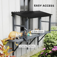 HKM-8190909 Outdoor Wooden Cat Catio with Jumping Platform and Dual Side Doors