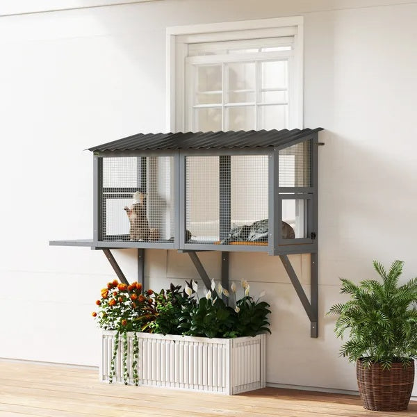 HKM-8190909 Outdoor Wooden Cat Catio with Jumping Platform and Dual Side Doors