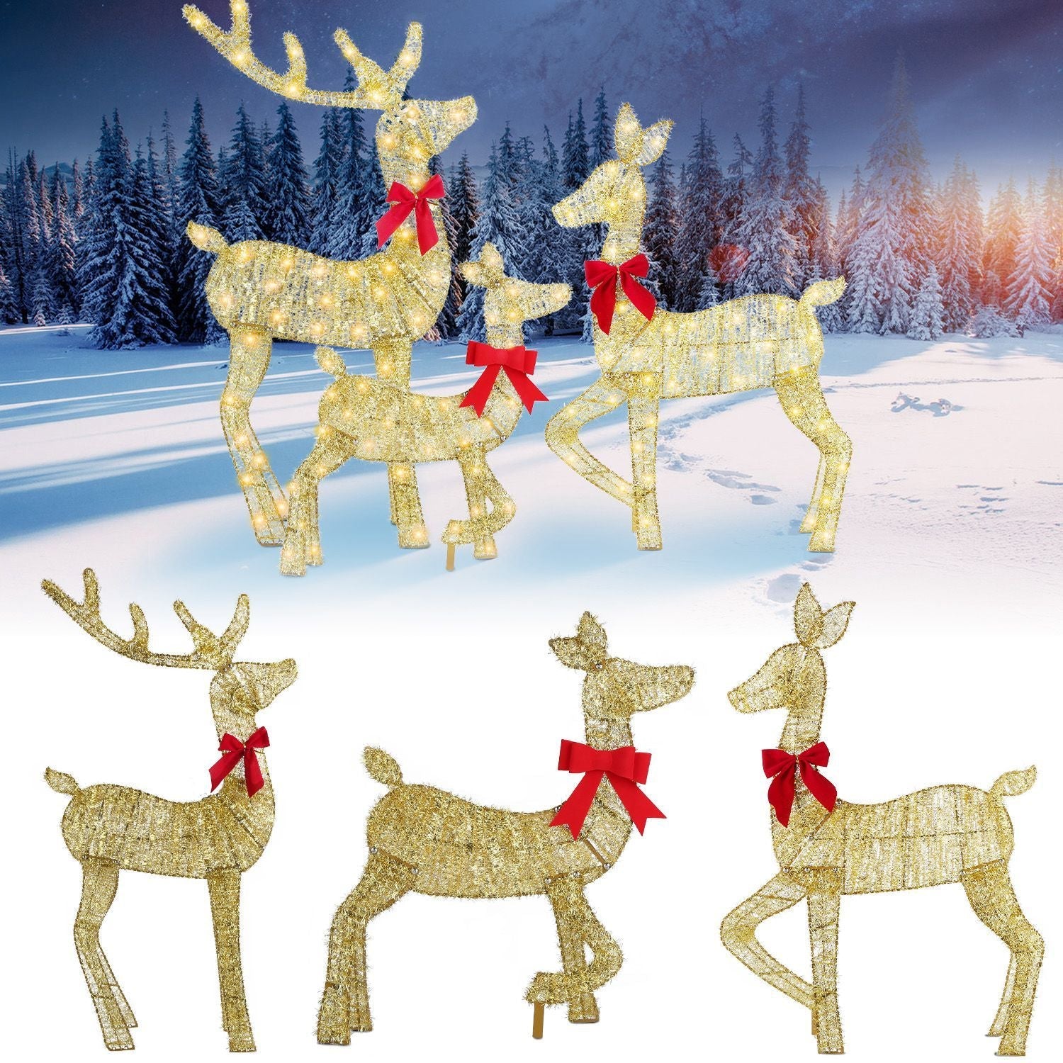 HKM-819283 Lighted 2D Christmas Reindeer Family Set - Buck, Doe & Fawn Decoration with 8 Modes for Indoor & Outdoor Use