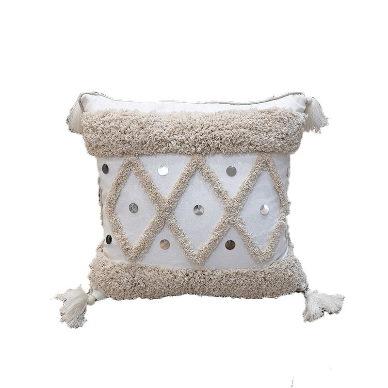 HKM-819539 Hand-Tufted Cotton Canvas Cushion Cover with Tassels and Sequins