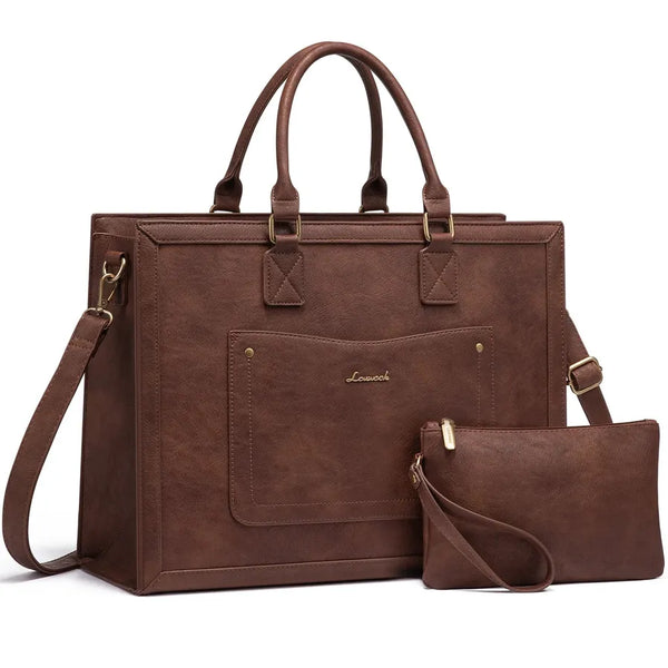 HKM-819539 Vintage Leather 15.6 Inch Laptop Tote Bag for Women - Stylish Office Work Handbag and Briefcase
