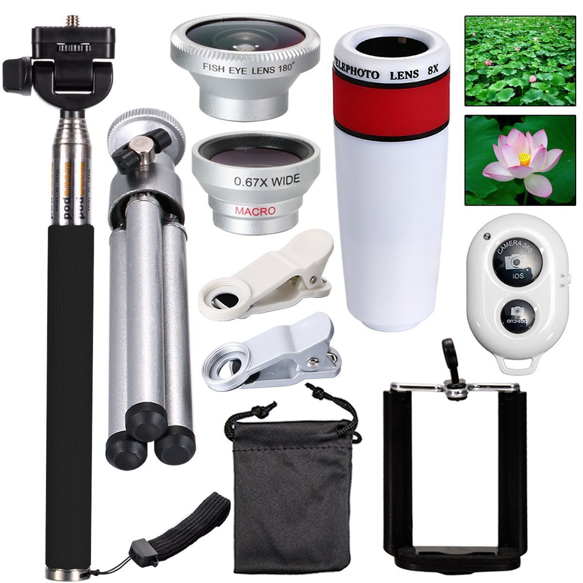 HKM-819731 3-in-1 Telephoto Lens Set with Fisheye, Wide-angle, Macro Lenses and Selfie Stick - 8x/12x Magnification Options