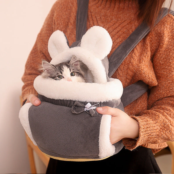 HKM-8199229 Cute Japanese and Korean Style Velvet Cat Backpack in Soft Gray, Pink, Light Gray, and Coffee Color - M and L Sizes Available