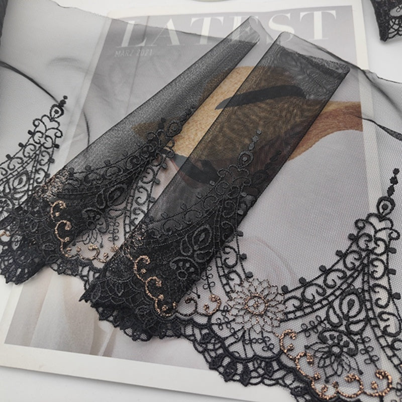 HKM-819987 Black Mesh Embroidery Lace Fabric with Gold Thread - 22cm Wide, 1 Meter Length