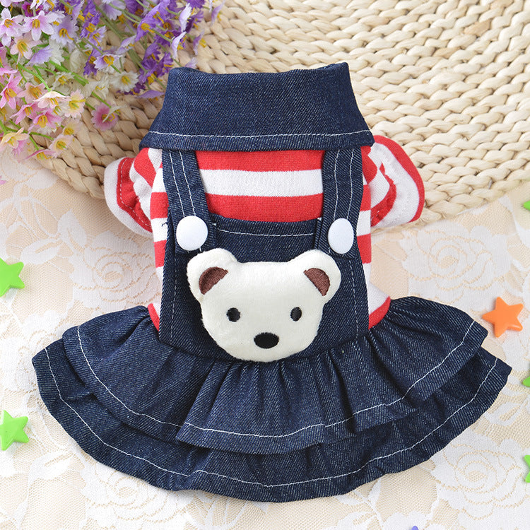 HKM-8201149 Cute Denim Dog Suspenders with Striped Bear Design and Four-Legged Trousers