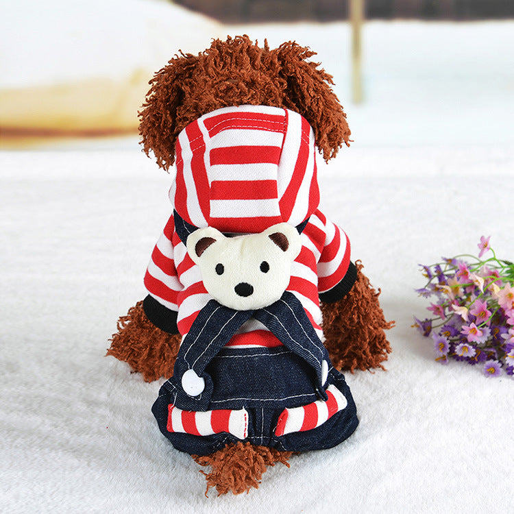 HKM-8201149 Cute Denim Dog Suspenders with Striped Bear Design and Four-Legged Trousers