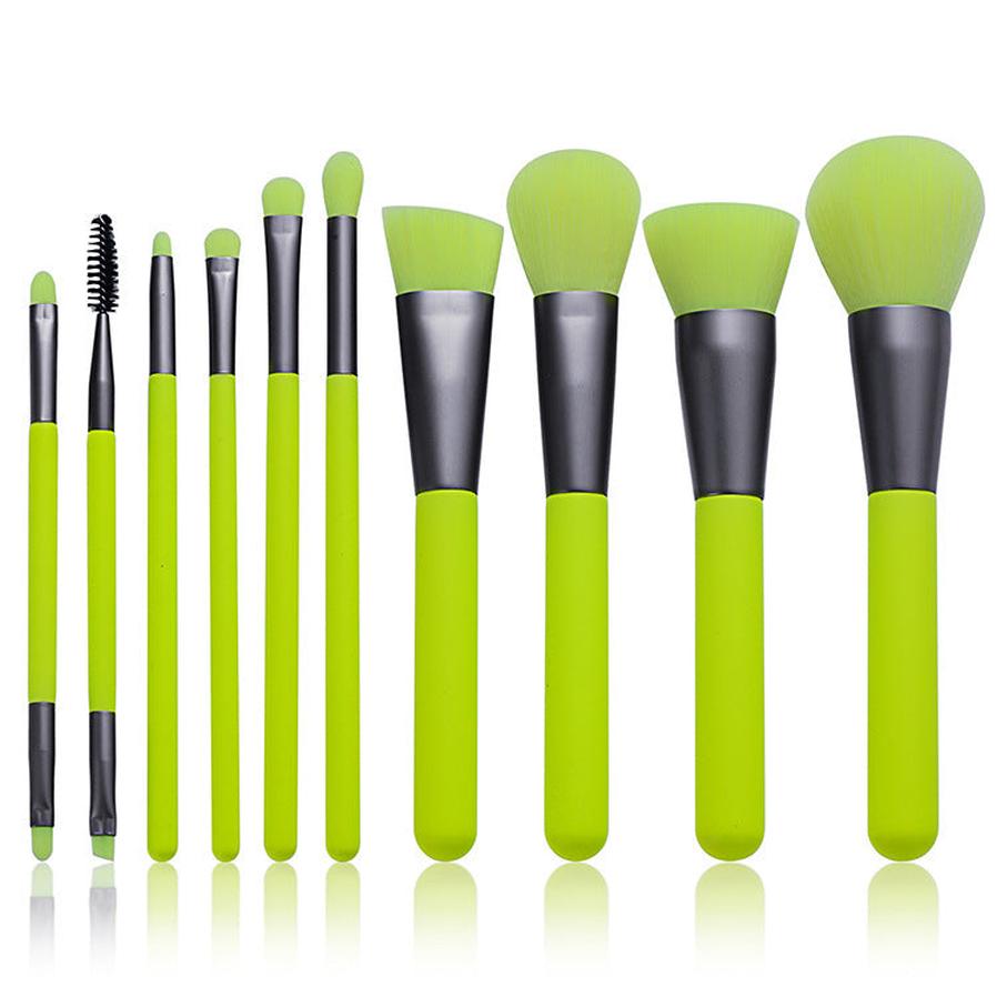 HKM-820371 10-Piece Neon Makeup Brush Set with Fluorescent Green Handles and Soft Bristles