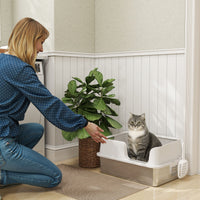 HKM-8204221 Extra Large Stainless Steel Cat Litter Box with High Sides and Easy Clean Scoop, Light Gray